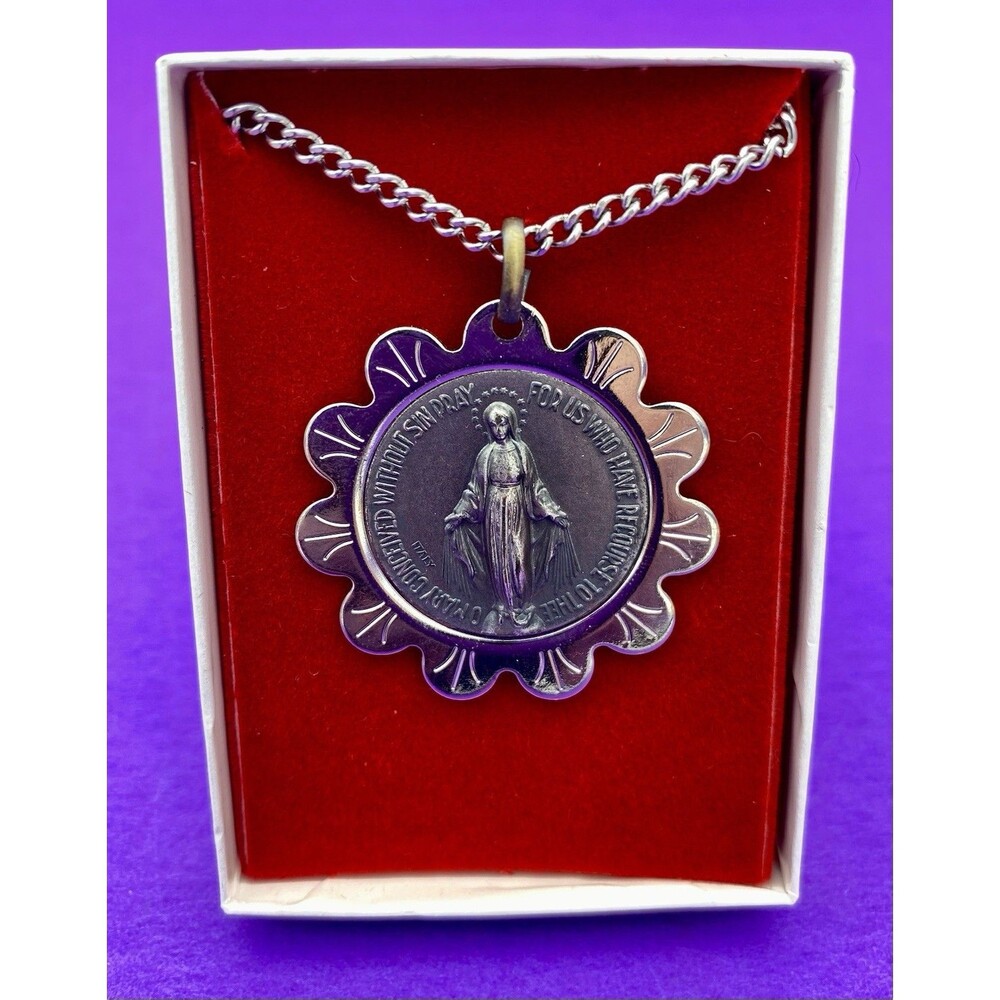 Vintage Virgin Mary Pendant Necklace, Silver-Toned Italy, Christianity, Religion